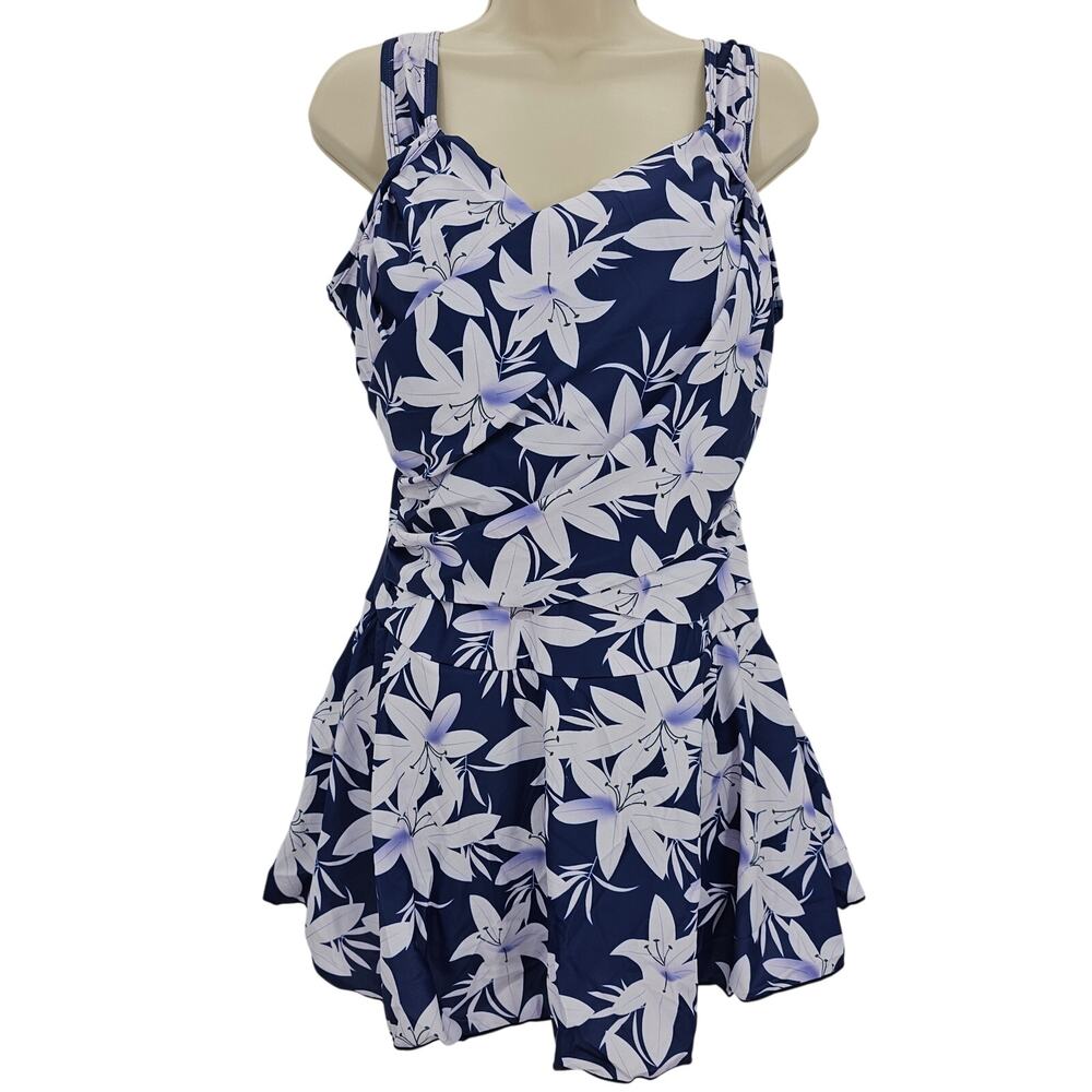 Zando Womans size 2XL Floral Crossover boyleg One Piece Swimdress Blue NWOT